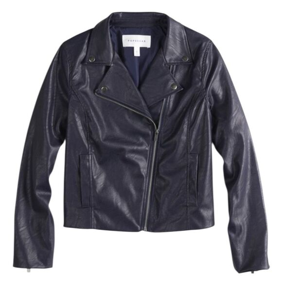 Popsugar Blue Faux Leather Biker Motorcycle Zip Up Jacket S - Picture 7 of 10